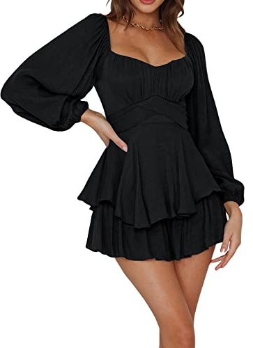 WERNZATT Puff Sleeve Jumpsuit for Womens Lantern Off Shoulder Long Sleeve Ruffle Flowy Layer Tie Mini Shorts Romper Playsuits
