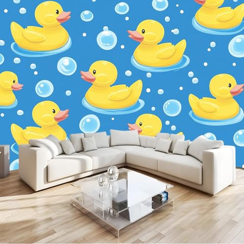 Papier Peint Panoramique Bleu, 3D Papier Peints Intissé Canard En Caoutchouc À Bulles Mignon Décoration motif pour Salon Chambre d'enfants Restaurant, Poster 350 x 256 cm