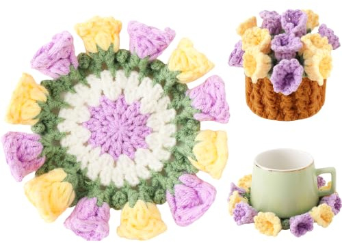Sottobicchieri con fiori all'uncinetto, fatti a mano, con vaso per piante all'uncinetto (viola e giallo, 1 pezzo) | Divertenti e morbidi sottobicchieri decorativi per caffè, protezione da tavolo e decorazione per casa ufficio auto