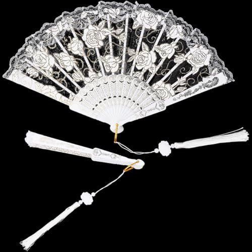 CABODYALS White Hand Lace Fan Foldable With Polyester Tassels Embroidered Flower Sheer Fabric Vintage Floral Trimming Handheld Fans for Women Tea Party Costume Party Wedding Dancing Decoration Gifts
