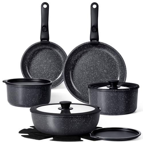 GiPP 15PCS Pots and Pans Set Non Stick,Granite Nonstick Kitchen Cookware Set with Detachable Handle, PFAS & PFOA Free, RV Cookware Set for Camping, Oven Safe(Grey,15PCS-Small Size)