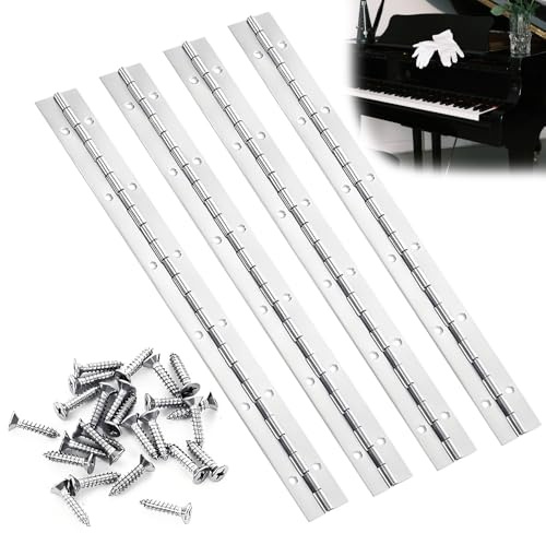 4pcs Piano Hinge 30cm with 48 Screws, Stainless Steel Continuous Hinges, Heavy Duty Furniture Hinges, Long Hinge 12 Inch for Pianos Cabinet Windows Boats