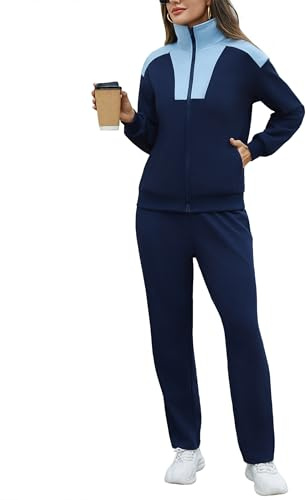 Litherday Chándal Mujer Otoño Invierno 2 Piezas Conjunto Deportivo Cómodo con Sudadera de Color Bloque y Pantalón Deportivo Largo Ropa Casual para Fitness Jogging Azul Oscuro + Azul Claro XXL