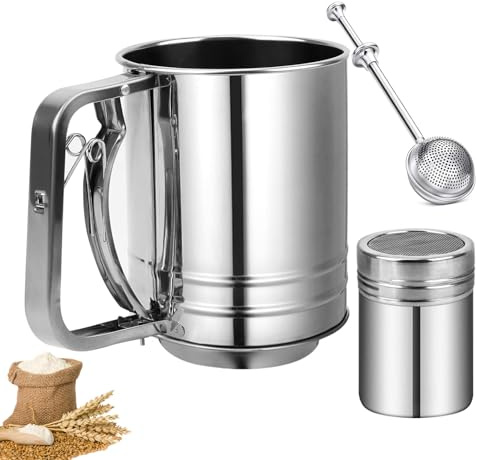 Flour Sifter, Stainless Steel 3 Cup Flour Sifters for Baking, 3 in1 Sifter for Baking with Powdered Sugar Shaker Duster and Flour for Baking Cakes, Pies, Pastries, Desserts and Cupcakes