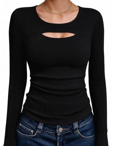 Aottori Camiseta de Mujer Manga Larga Acanalado Elástico con Cuello Redondo | Detalle Cut Out, Corte Ajustado, Tejido Ligero, Estilo Casual, Estilo Elegante, Forma de Túnica