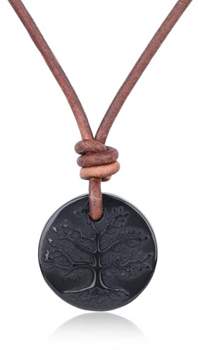 COAI Collar de Cuero para Hombre y Mujer, Collar con Colgante Árbol de la Vida de Obsidiana