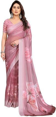 ETHNICMODE indien Sari For femme Printed Georgette Light Weight Jari Party Wear Peach Saree With Unstitched Peach Blouse Piece-1142