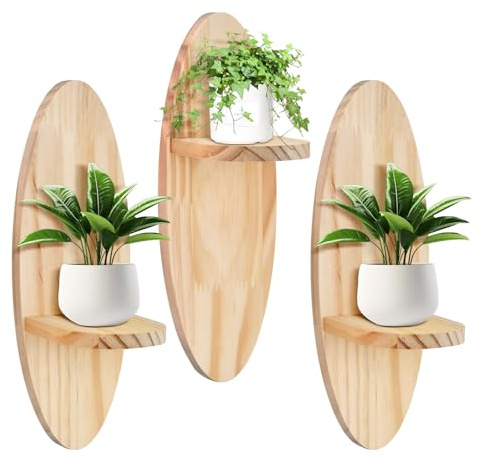 Focenat Juego de 3 Estanterías Flotantes Ovaladas de Madera para Pared, Estante Colgante Decorativo para Plantas Pequeñas, Flores y Decoración, Baldas de Madera para Salón, Dormitorio y Entrada