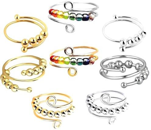 8 Stück Anti Stress Ring mit drehbaren Perlen für Damen, Anxiety Ring zur Linderung von Nervosität und Stress, Fidget Ring für Fingerübungen Mädchen und Frauen, 4 Gold und 4 Silber
