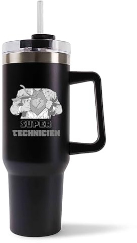Mug Isotherme 1,2L - Super TECHNICIEN Noir – Bouteille avec Anse, Paille et Couvercle – Idée Cadeau Gourde Personnalisée