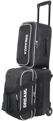 DREAMZA Single Bowling Ball Bag with Wheels, Deluxe Rolling Bowling Bags 1 Ball and Shoes Pocket w/Molded BallCup, Bonus Storage Bag, 40 Retractable Handle - Large 1 Ball Bowling Bags with Wheels
