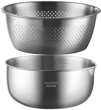 MAXCOOK Juego de coladores de acero inoxidable 18/8, juego multifuncional de 2 piezas con bol para mezclar, bol para lavar arroz y colador metálico; apto para el lavavajillas (19 cm, 2,7 litros)