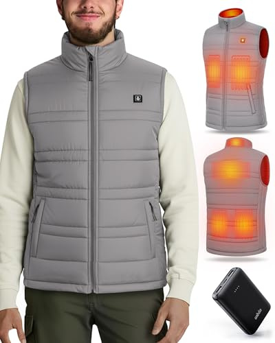 UNBON Chaleco Calefactable Hombre con Batería USB 10000mAh, Chaleco Térmico Eléctrico Calefactor Hombre con 3 Temperaturas 6 Zonas de Calor, Chaqueta Calefactable para Moto Caza Trabajo, Gris, 3XL