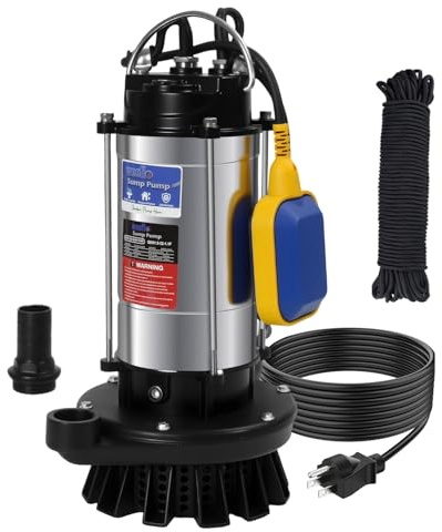 Weeflos 1HP Submersible Sump Pump Automatic Water Pump w/High Flow 4200 GPH 28ft Max Head, Irrigation, Swimming Pool, Garden Pond, Basement, Wells, 26ft Power Cord Stainless Steel(1HP/28FT)