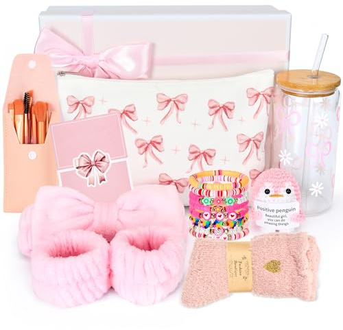 Fegat Geschenke für Mädchen Frauen Teenager 9 10 11 12 13 14 15 16 Jahre | Weihnacht Geburtstagsgeschenk Set - Trinkglas mit Stroh & Deckel Schminkpinsel Kosmetiktasche Armband Socken Haarband (Rosa)