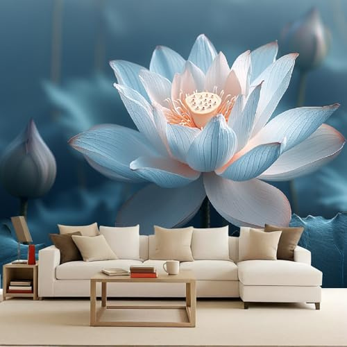 Générique Papier Peint Intissé Fleurie, Wall Mural Fleur De Lotus Bleue Et Rose, Décoration Murale Rapide Diy Fresque Murale Créative Tête De Lit Chambre Salon Facile À Appliquer 300X210cm