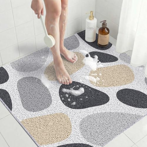 Tappetino Antiscivolo Doccia Quadrato 80x80 cm in PVC Luffa per Doccia, Tappeto Bagno Antiscivolo per Bagno con Fori di Drenaggio, Tappeto Vasca per Vasca da Bagno, Antimuffa, Pietra grigia