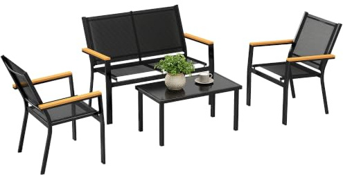 Outsunny Gartenmöbel Set Stahl für 4 Personen mit 2er Sofa Stuhl Schwarz | Sitzgruppe, Gartenlounge, Beistelltisch, Outdoor Balkonmöbel-Set, Terrassenmöbel, für Garten Balkon