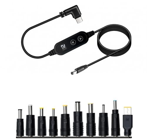 ZESTRO USB C to DC Power Cable 60W PD Fast Charging Adapter 5V 9V 12V 15V 20V Adjustable Voltage Right Angle Type C to DC 5.5x2.1mm Plug with 10 DC Conversion Heads for Router Monitor Camera