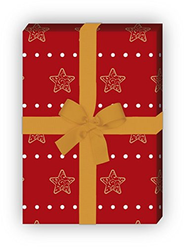 Kartenkaufrausch Schönes Streifen Weihnachtspapier, Geschenkpapier Set zu Weihnachten mit Ornament Sternen, rot, für liebe Geschenkverpackung, DIY Projekte, Basteln, 4 Bogen, 32 x 48cm