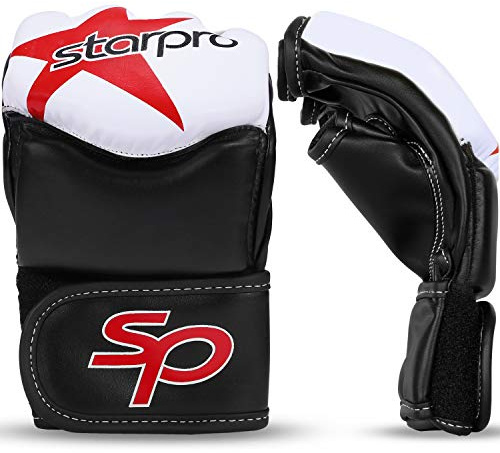 Starpro MMA Grappling Gloves Training - Good for Kickboxing Martial Arts Karate Combat Cage Fight Sparring Punch Bag Boxing Mitts | Synthetic Leather for Men & Women White & Red (White/Black, XL)