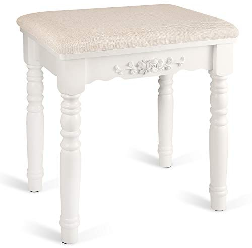 URFORESTIC Oak Wood Vanity Stool, Modern Makeup Dressing Stool with Concave Seat Surface,Capacity 300lb, Easy Assembly (White)