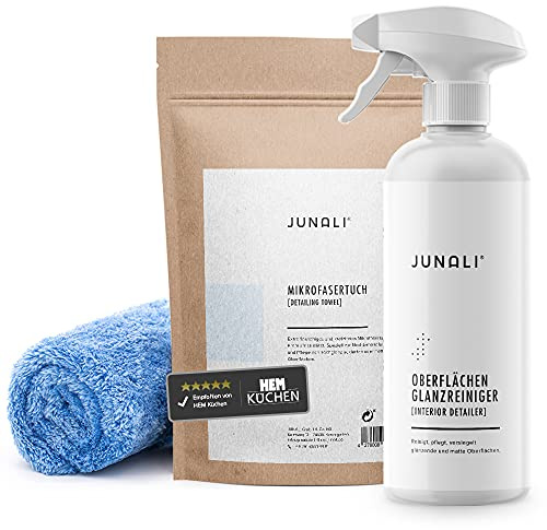 JUNALI Glossy Set, Oberflächen Glanzreiniger & Mikrofasertuch, Pflege für Hochglanz Küchen und Arbeitsplatten (1x 500 ml + Tuch)