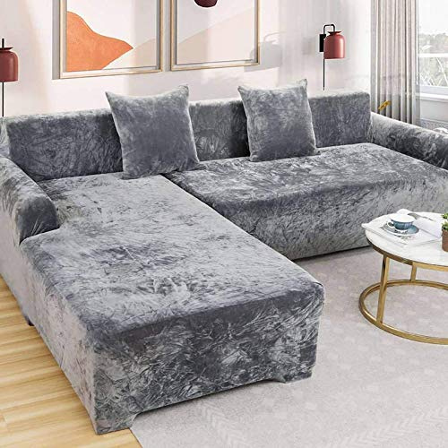 Love House Velvet Plüsch Schonbezug Sofa, Stretch Sofa Überwurf Sofabezug Weich Dick Sofahusse Für L-Form Schnittcouch,1 2 3 4 Sitzer (grau, L Form 4 Sitzer+4 Sitzer)