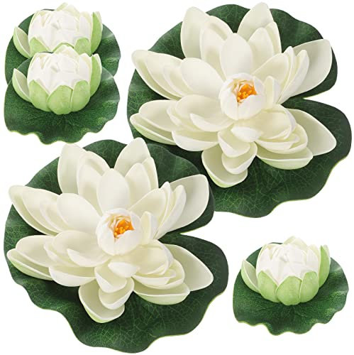 CLISPEED Artificial White Lotus Flower: 5 Pcs Pond Plants for Small Pond Outdoors, Floating Flowers for Water Lily Pads Ornament for Garden Patio Pool Aquarium Decoration