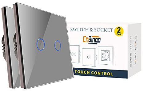CNBINGO 2 paquetes Interruptor de luz táctil, doble interruptor Gris, panel de vidrio de sistema táctil un LED de estado, no se requiere un conductor neutral, 2 bandas de, AC 240 V, 800 W/bandas de