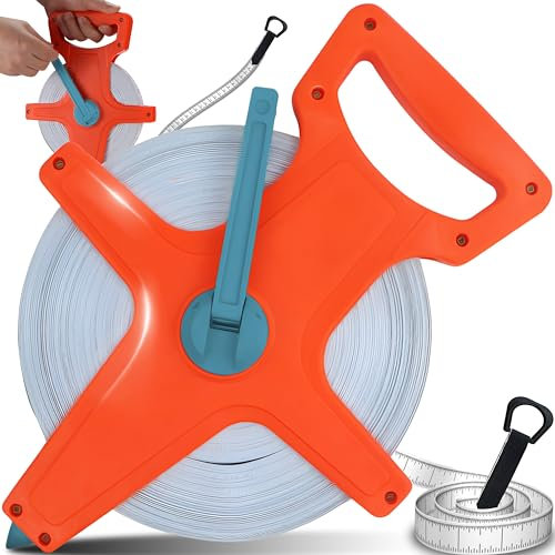 Retoo Maßband 50m, Rollbandmaß 50 Meter mit ausklappbare Kurbel, Zoll- und Meter-Skala, Bandmaß, Kunststoff gelb mit ergonomischem Handgriff, Beidseitig Markiert, Rollenmaßband