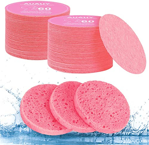 AUAUY Komprimerade ansiktssvampar, 60 st cellulosa ansiktssvampar för daglig rengöring, 100 % naturlig cellulosa spa-svamp perfekt för ansikts-spa, exfoliator, sminkborttagning, resa-rosa