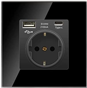 Btstil Gla - Prise Schuko avec ports USB - Prise murale avec charge rapide - Port USB/type C - Contact de protection - Prise murale (1 AC+1USB + 1Type-C, noir)