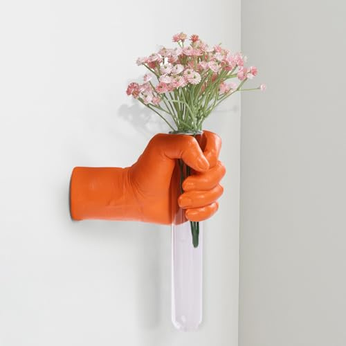 Orange Wall Sculptures, Hand Vases Home Decor, Wall Mount Art Sculpture, Unique Wall Art Statue, Funky Flower Vase Decorations, Modern Eclectic Hanging Decor,Glass Test Tube Vase