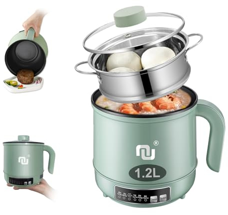 Smart Mini Hot Pot with Timer and Automatic Shut Off 1.2L Non-Stick Rapid Noodle Cooker w Stainless Steel Steamer Basket 600W Quick Cook 5 Cooking Modes for Soup, Rice (1cup) , Porridge, Pasta Great for 1-2 Persons (Green)