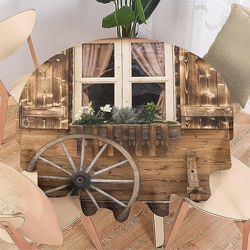 COALHO Altes Holzhaus, Vintage, maschinenwaschbar, Innen- und Außenbereich, Tischdekoration, Wilder Westen, typisches Hausrad, antike Kunst, schützt den Tisch, leicht zu reinigen, 92 x 92 cm