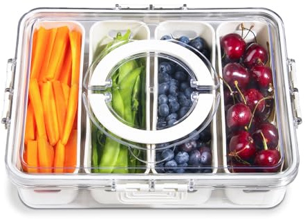 YFUIF Portable Fruit Storage Containers for Fridge, 4 Compartments Snack Box Container, BPA-Free Divided Serving Tray with Lid for Veggie, Clear Snack Tray Candy Tray (1, 4 Compartment-1 Pack)