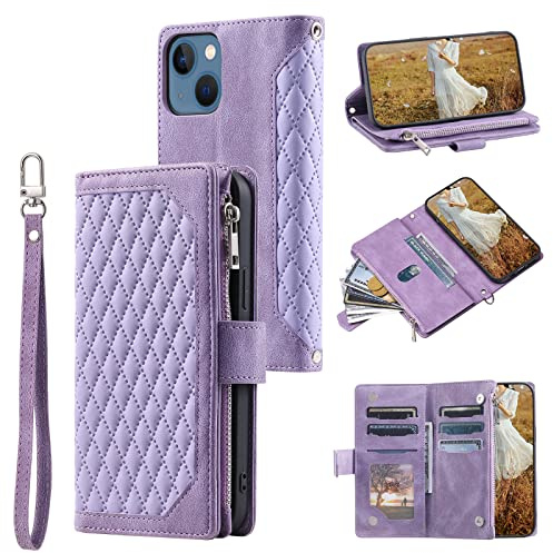 QLTYPRI Wallet Case for iPhone 14(6.1 inch),Luxury Quilted PU Leather Wallet Case with Card Slots for Women,Magnetic Zipper Purse Case with Wrist Strap Kickstand Shockproof Flip Cover-Purple