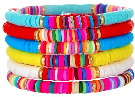RINTOLER Friendship Bracelets for Women - Heishi Surfer Colorful Smile Evil Eye Clay Beaded Stretch Bracelets Elastic Layering - Stackable Boho Disc Y2K Aesthetic Summer Jewelry Set.
