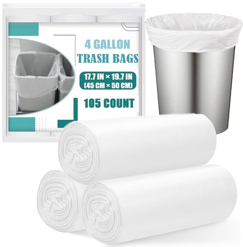 105 Counts Small Bin Bags 10 Litre, Small Bin Liners for Bathroom, Bedroom, Office, Kitchen, 10L Unscented White Bin Bags