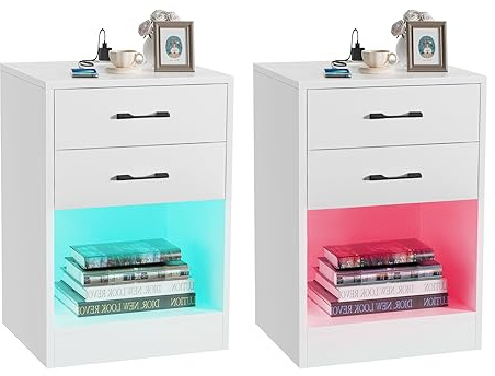 Lvhcmfohm Nachttisch Matt 2er Set mit Steckdose, Nachtschrank mit Led, Moderner Nachtkästchen, Nachtkommode mit 2 Schubladen für Wohnzimmer, Schlafzimmer (Weiß, 40x35x60cm)