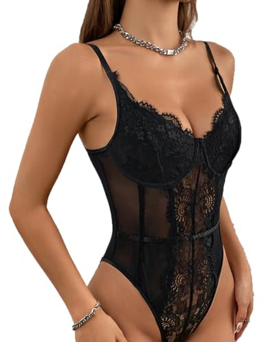 SHEKINI Elegant Body Damen Spitze Sexy Dessous Mesh Transparente Bodysuit ärmellos Spaghettiträger V-Ausschnitt Netz Spitzenbody Sommer Oberteil