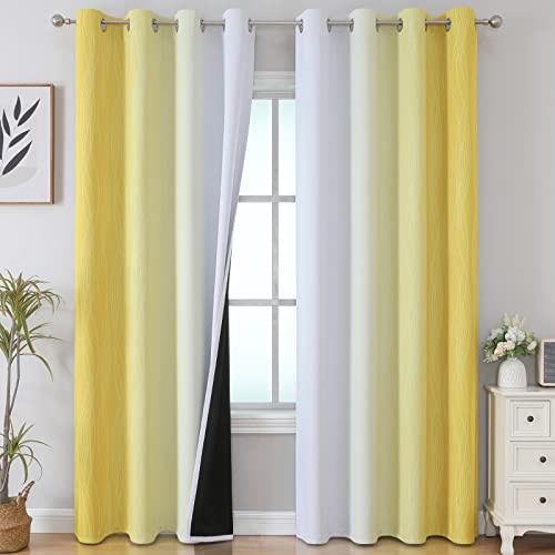 VEHEDE Gradient Blackout Curtains for Living Room and Bedroom, Ombre Thermal Insulated Noise Reduction Eyelet Drapes for Home Decor, W52 x L84 Inch, Yellow and Greyish White, 2 Panels