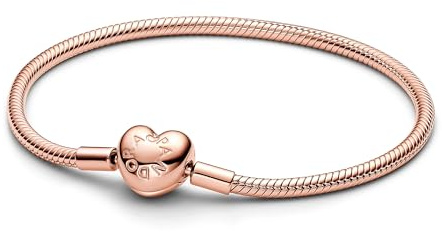 Pandora Moments 583050C00-21 Pulsera de eslabones de serpiente con cierre de corazón de plata de ley con aleación de metal chapada en oro rosa, compatible con Moments, tamaño: 21