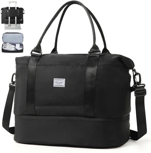 TANTOMI Reisetasche Handgepäck,Sporttasche Damen,46x23x32 cm,Handgepäck Tasche Weekender Bag wasserdichte Reisetasche Duffle Bag Trainingstasche Kliniktasche Geburt Geeignet Urlaub Camping，Schwarz