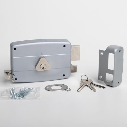 CISA - Serratura per Porte in Ferro da Applicare 15042150195 - Serratura Cancello Esterno in Acciaio Verniciato Grigio con Cilindro e Tirante nichelati - Entrata 50 - Mano Destra