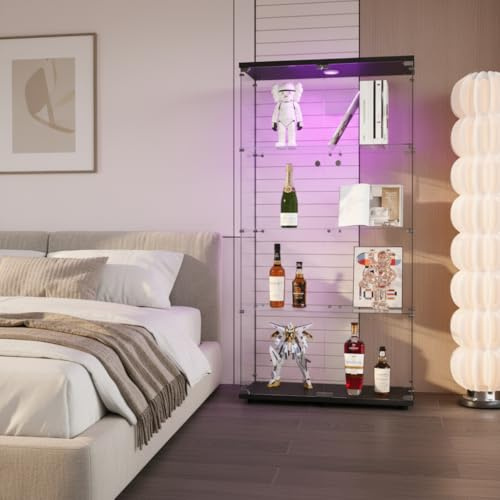 WOBOPCG Vitrinskåp, glas, vitrinskåp med LED-belysning, glasskåp, monter modernt stativvitrinskåp för vardagsrum, kontor, samlardukar, bokcher vin (4 édagar 2 portar + LED, svart)