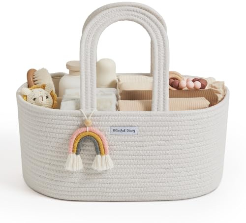 Blissful Diary Baby Diaper Caddy Organizer, Cotton Rope Diaper Caddy Basket, Oval Storage Basket, Gift for Baby Shower, Newborn Essentials, Beige