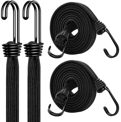 Bungee Cords with Hooks Heavy Duty, 36inch Black Flat Extra Strong Outdoor Bungee Straps, Secure Load Distribution Industrial Grade Bungee Rope for Securing Luggage, Tarps, Tents, Cart, Bike Rack,4pcs