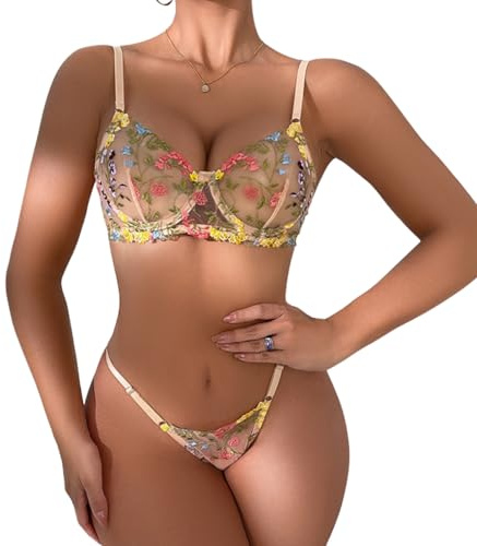 Gatamiau Conjunto de Lencería Sexy Bordado Floral Mujer 2 Piezas Sujetador con Aros + Tanga, Transparente Ropa de Dormir Encaje Ropa de Dormir Lingerie para Valentín Luna de Miel